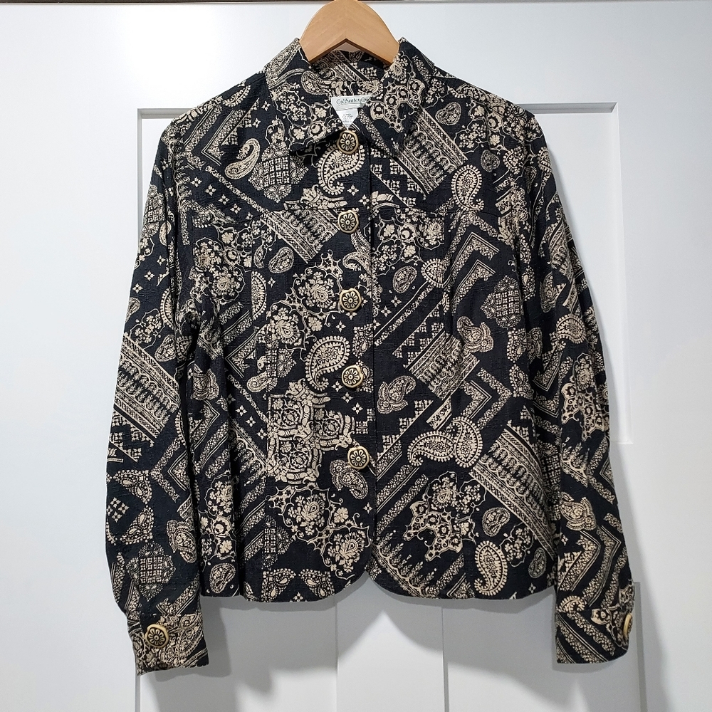 Old Money Coldwater M Creek Black & Taupe Paisley Jacket Medium Cotton / Silk